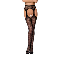 Мереживні колготки-бодістокінги Passion S014 One Size, Black, імітація панчіх та пояса з гартерами