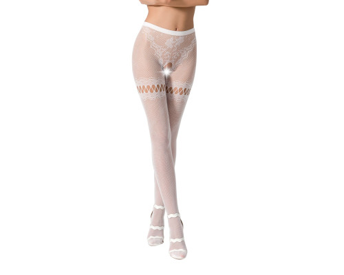 Сітчасті колготки з відкритим доступом Passion S015 One Size, White, імітація панчіх і трусиків