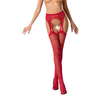 Сітчасті панчохи-стокінги Passion S020 One Size, Red, ажурний візерунок, імітація пояса з гартерами