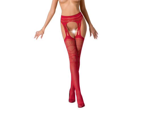 Сітчасті панчохи-стокінги Passion S020 One Size, Red, ажурний візерунок, імітація пояса з гартерами