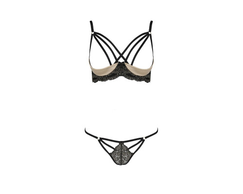 Комплект білизни Passion Exclusive VALERY SET OpenBra XXL/XXXL black, стрепи, трусики, відкритий ліф