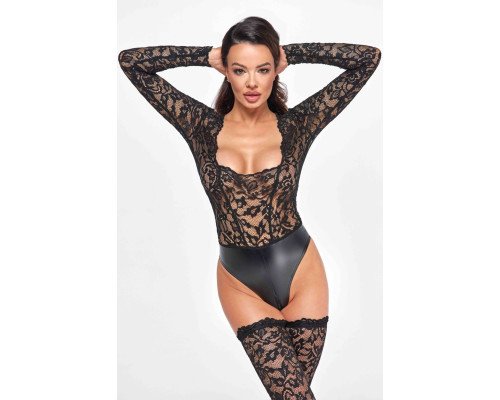 Боді Noir Handmade F296 Psyche, XXL, мереживо, довгий рукав, низ під латекс, з доступом