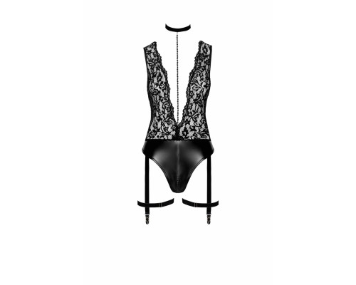 Боді Noir Handmade F297 Libido, M, чорне, мереживо, низ під латекс, відкритий доступ, гартери