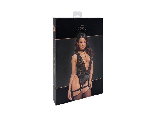Боді Noir Handmade F297 Libido, M, чорне, мереживо, низ під латекс, відкритий доступ, гартери