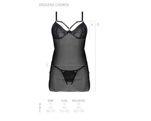 Пеньюар Passion DROSERA CHEMISE black, XXL/XXXL, мереживний ліф зі стрепами, трусики в комплекті