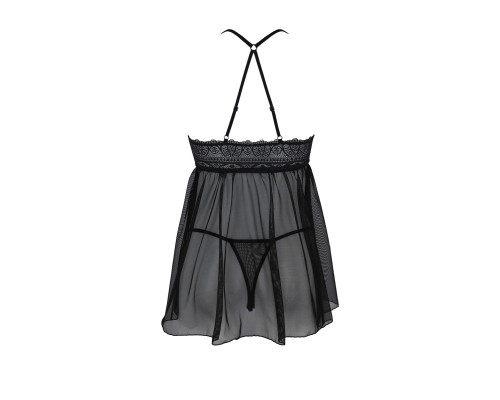 Пеньюар Passion KERRIA CHEMISE black, L/XL, мереживний верх, трусики в комплекті