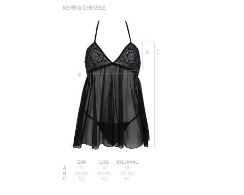 Пеньюар Passion KERRIA CHEMISE black, L/XL, мереживний верх, трусики в комплекті