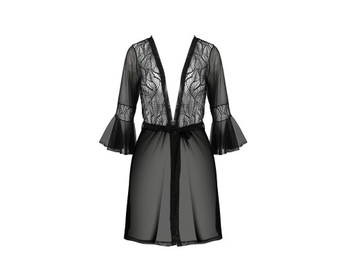 Пеньюар Passion LEAFA PEIGNOIR black, XXL/XXXL, довжина трохи вище коліна, широкі рукави, зав'язується на пояс