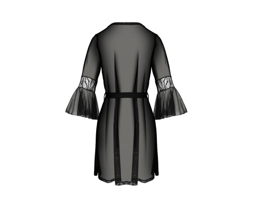Пеньюар Passion LEAFA PEIGNOIR black, XXL/XXXL, довжина трохи вище коліна, широкі рукави, зав'язується на пояс