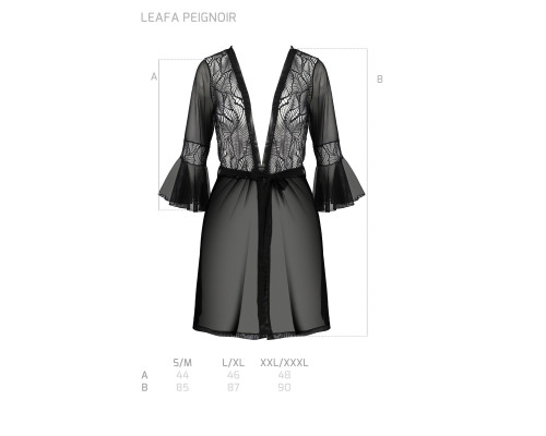 Пеньюар Passion LEAFA PEIGNOIR black, XXL/XXXL, довжина трохи вище коліна, широкі рукави, зав'язується на пояс