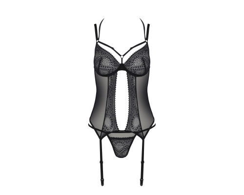 Корсет Passion DROSERA CORSET black, XXL/XXXL, з кріпленнями для панчіх, трусики в комплекті
