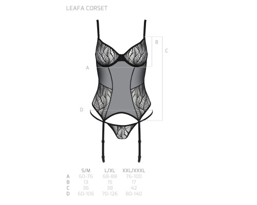 Корсет Passion LEAFA CORSET black L/XL, м'які чашки, затискачі для панчіх, стрінги в комплекті