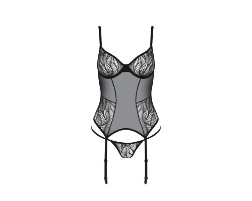 Корсет Passion LEAFA CORSET black S/M, м'які чашки, затискачі для панчіх, стрінги в комплекті