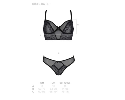 Комплект Passion DROSERA SET black S/M, сітка+мереживо, бюстьє та трусики танга