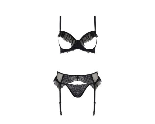 Комплект Passion KERRIA SET WITH OPEN BRA black, L/XL, бюстгальтер з відкритою чашкою, стрінги, пояс для панчіх