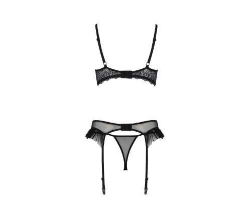 Комплект Passion KERRIA SET WITH OPEN BRA black, L/XL, бюстгальтер з відкритою чашкою, стрінги, пояс для панчіх