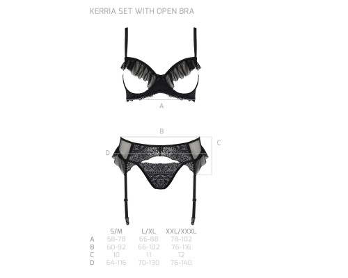 Комплект Passion KERRIA SET WITH OPEN BRA black, L/XL, бюстгальтер з відкритою чашкою, стрінги, пояс для панчіх