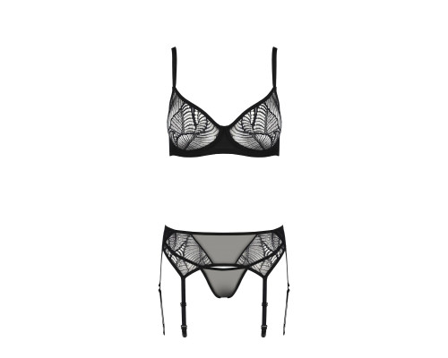 Комплект Passion LEAFA SET black, XXL/XXXL, мереживо+сітка, бюстгальтер на кісточках, стрінги, пояс для панчіх