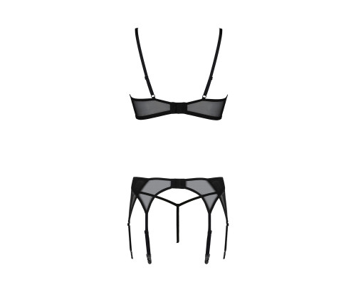 Комплект Passion LEAFA SET black, XXL/XXXL, мереживо+сітка, бюстгальтер на кісточках, стрінги, пояс для панчіх