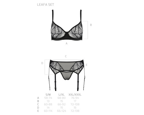 Комплект Passion LEAFA SET black, XXL/XXXL, мереживо+сітка, бюстгальтер на кісточках, стрінги, пояс для панчіх