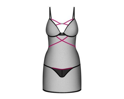 Пеньюар Obsessive Novenes chemise & thong, XL/2XL, обтислий, прозорий, зі стрепами, стрінги в компле