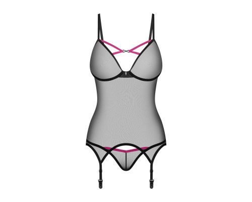 Корсет Obsessive Novenes corset & thong, M/L, прозорий, відкрита спина, стрінги в комплекті