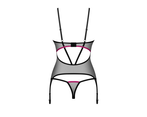 Корсет Obsessive Novenes corset & thong, M/L, прозорий, відкрита спина, стрінги в комплекті