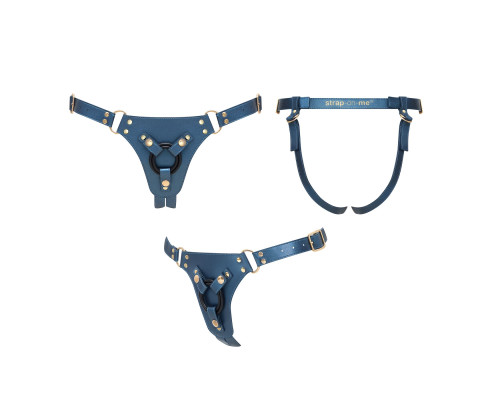 Трусики для страпона Strap-On-Me Harness Generous Blue, One Size, штучна шкіра, регульовані ремені, змінні кріплення для дилдо