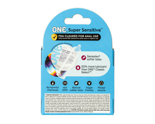 Презервативи ONE Super Sensitive, 3 шт, гладенькі, з додатковою змазкою, картонне паковання