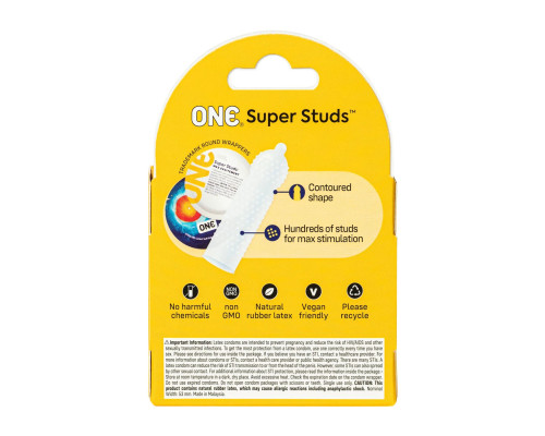 Презервативи ONE Super Studs, 3 шт, з точковим рельєфом, зі змазкою, паковання — картонна коробка