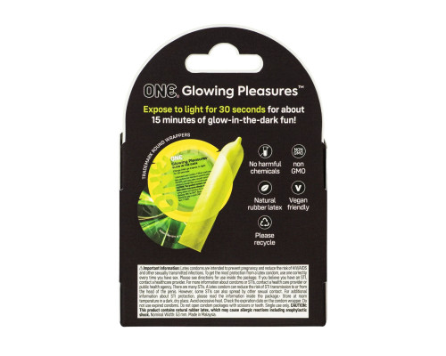 Презервативи ONE Glowing Pleasures, 3 шт, світяться в темряві, зі змазкою, картонне паковання