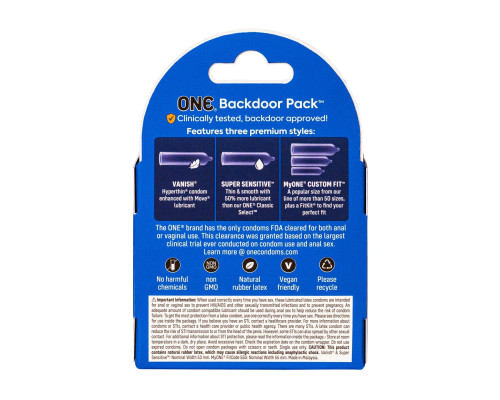Презервативи ONE Backdoor, 3 шт, 3 види, картонне паковання