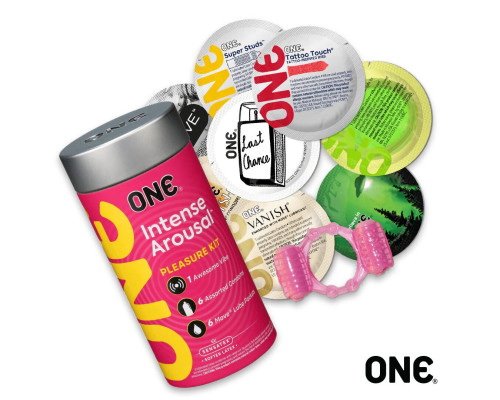 Подарунковий набір ONE Intense Arousal, у комплекті 6 презервативів, 6 саше з лубрикантом, віброкільце