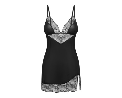 Пеньюар Obsessive Lobellis chemise & thong, XL/2XL, чорний, мереживне оздоблення, стрінги в комплекті