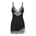 Пеньюар Obsessive Lobellis chemise & thong, XL/2XL, чорний, мереживне оздоблення, стрінги в комплекті