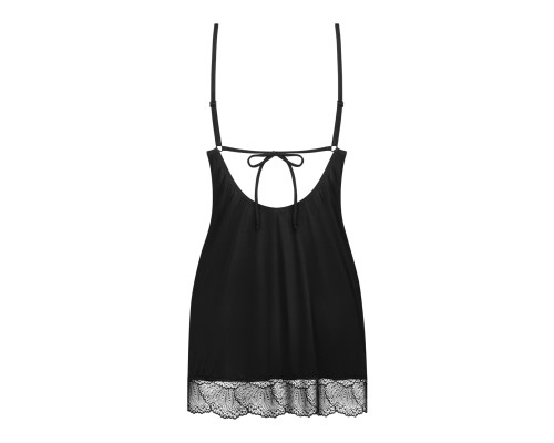 Пеньюар Obsessive Lobellis chemise & thong, XL/2XL, чорний, мереживне оздоблення, стрінги в комплекті