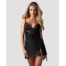 Пеньюар Obsessive Lobellis chemise & thong, XL/2XL, чорний, мереживне оздоблення, стрінги в комплекті