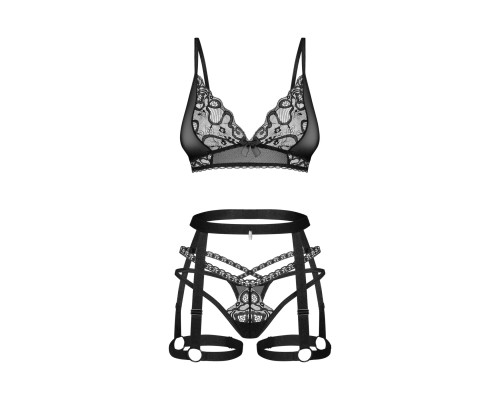 Комплект Obsessive Blomentis 3-pcs set, M/L, м’який ліф, стрінги зі стрепами, пояс із гартерами