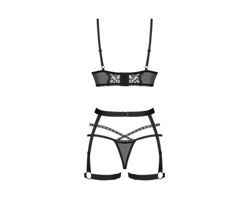 Комплект Obsessive Blomentis 3-pcs set, M/L, м’який ліф, стрінги зі стрепами, пояс із гартерами
