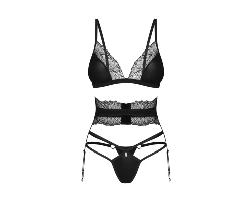 Комплект Obsessive Lobellis 3-pcs set, M/L, чорний, ліф з м’якою чашкою, стрінги, пояс для панчіх