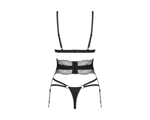 Комплект Obsessive Lobellis 3-pcs set, XL/2XL, чорний, ліф з м’якою чашкою, стрінги, пояс для панчіх