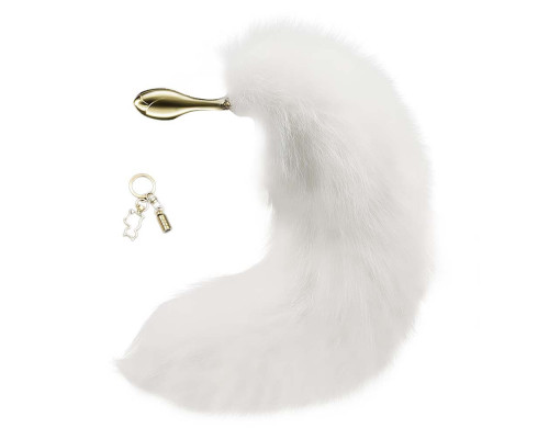 Металева анальна пробка з хутряним хвостом LOCKINK SEVANDA White Fox-Tail Anal Rose-shape Plug
