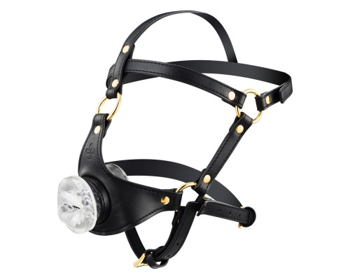 Маска-збруя для мінету LOCKINK SEVANDA Blowjob Head Harness, чорна, з м’якою вставкою у вигляді губ