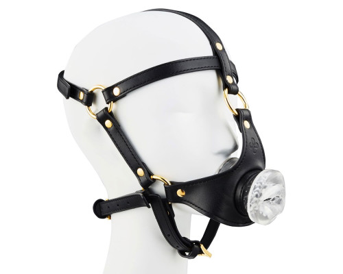 Маска-збруя для мінету LOCKINK SEVANDA Blowjob Head Harness, чорна, з м’якою вставкою у вигляді губ