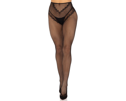 Стрип-колготки Leg Avenue Crotchless Net Tights with Heart Backseam, One Size, чорні, з доступом