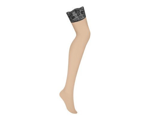 Панчохи Obsessive Nutris stockings, M/L, тілесні, з чорним мереживом, під пояс