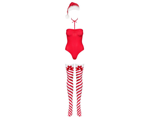 Тедді Obsessive Kissmas teddy, S/M, червоне, без бретелей, чокер, панчохи та шапка з помпоном у наборі