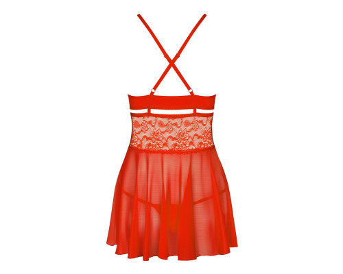Бебі-дол Obsessive 838-BAB-3 babydoll & thong, L/XL, червоний, мереживний ліф, стрінги в комплекті