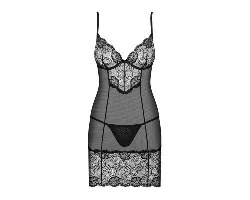 Сорочка Obsessive Alluria chemise & thong, L/XL, чорна, мереживо+мікросітка, стрінги в комплекті