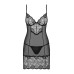 Сорочка Obsessive Alluria chemise & thong, L/XL, чорна, мереживо+мікросітка, стрінги в комплекті